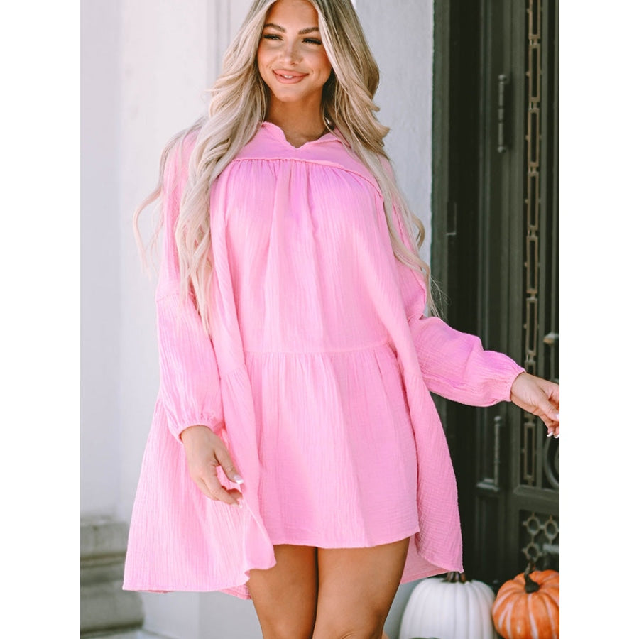 Ruched Long Sleeve Mini Dress Fuchsia Pink / S