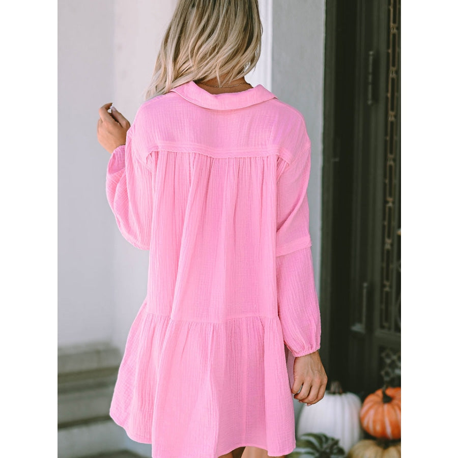 Ruched Long Sleeve Mini Dress Fuchsia Pink / S
