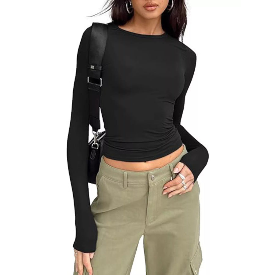 Ruched Long Sleeve T-Shirt Black / S Apparel and Accessories