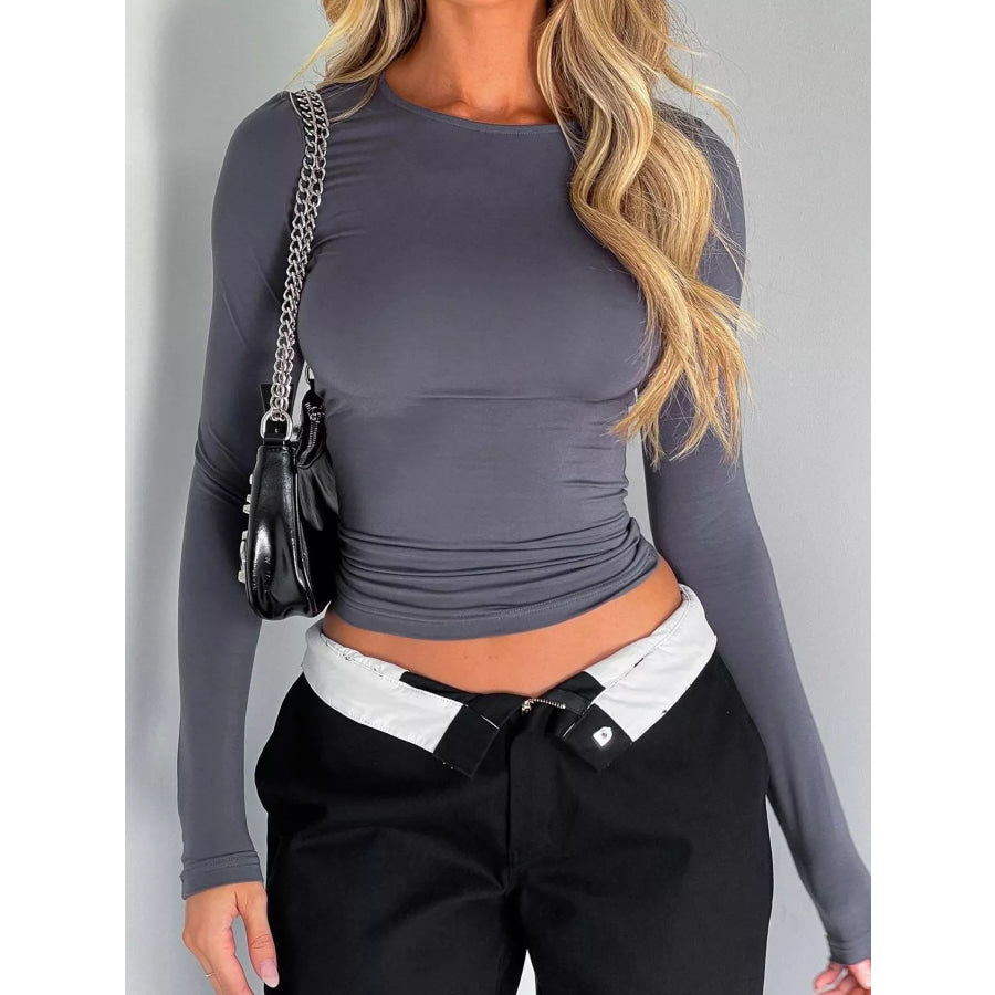 Ruched Long Sleeve T-Shirt Dark Gray / S Apparel and Accessories
