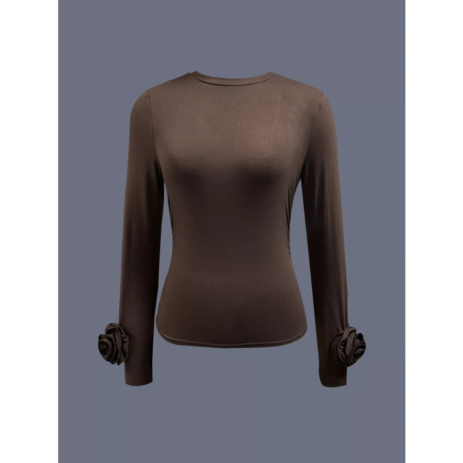 Ruched Long Sleeve T-Shirt with Floral Cuff Detail Apparel and Accessories