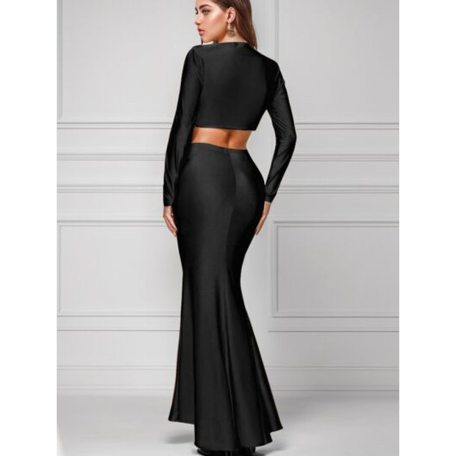 Ruched Long Sleeve Top and Slit Skirt Set Apparel Accessories