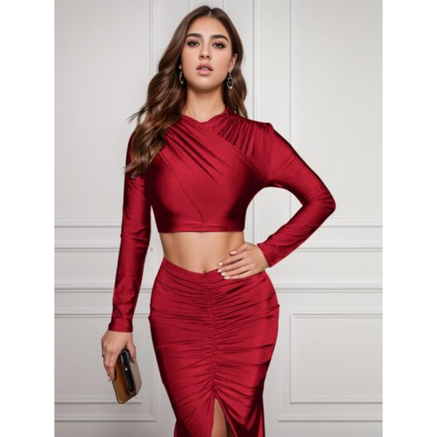 Ruched Long Sleeve Top and Slit Skirt Set Wine / XS Apparel Accessories