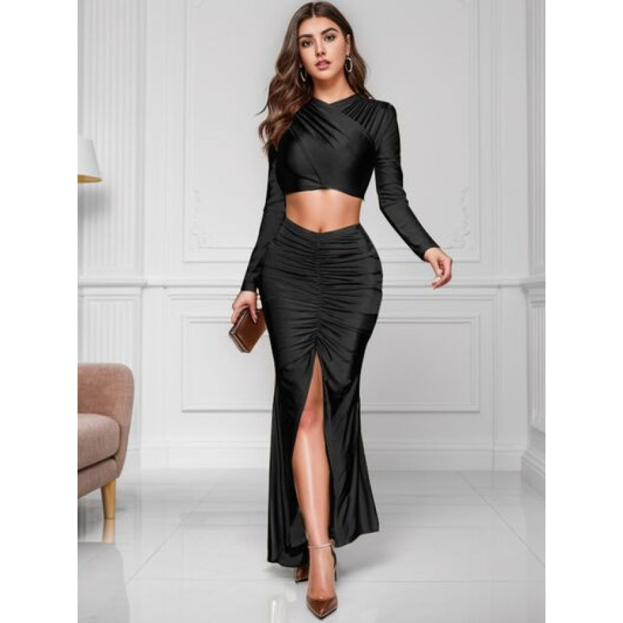 Ruched Long Sleeve Top and Slit Skirt Set Black / XS Apparel Accessories