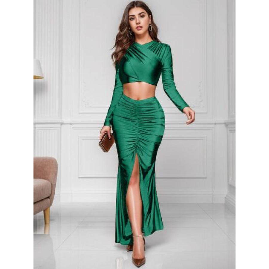 Ruched Long Sleeve Top and Slit Skirt Set Green / XS Apparel Accessories