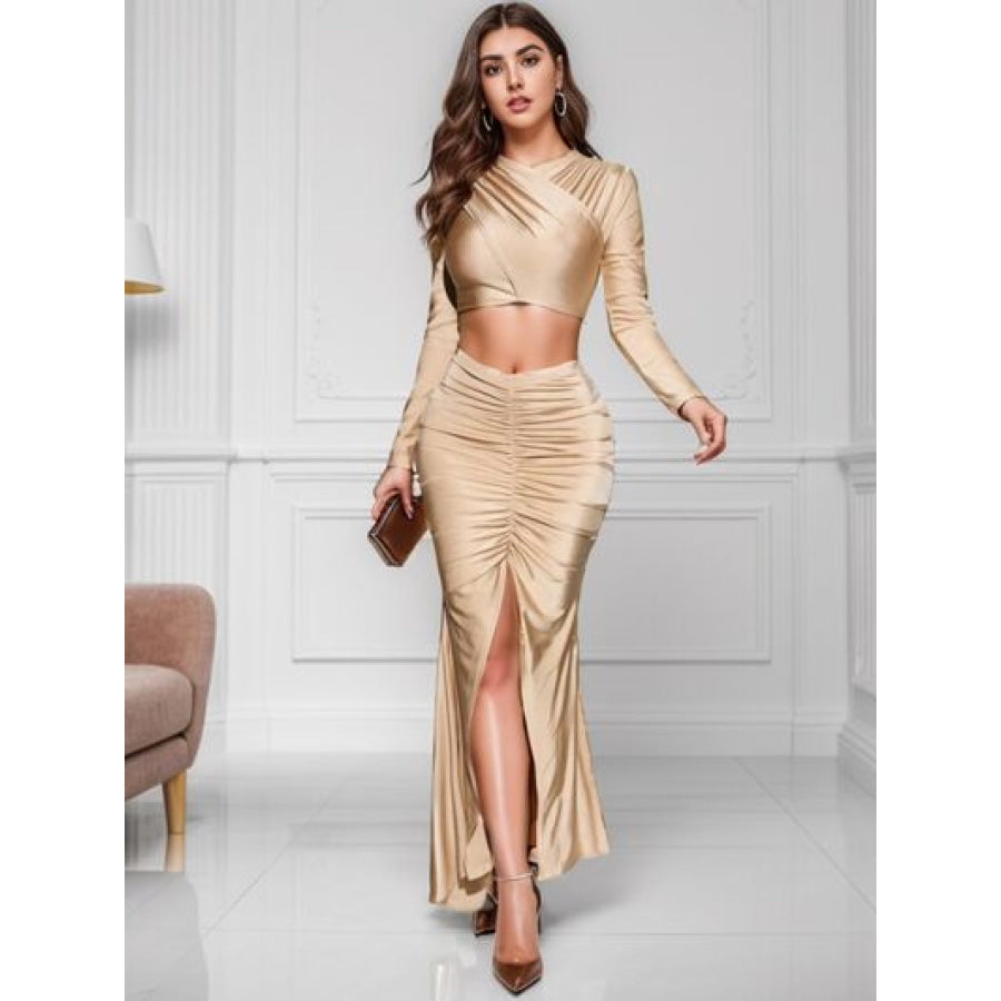 Ruched Long Sleeve Top and Slit Skirt Set Sand / XS Apparel Accessories