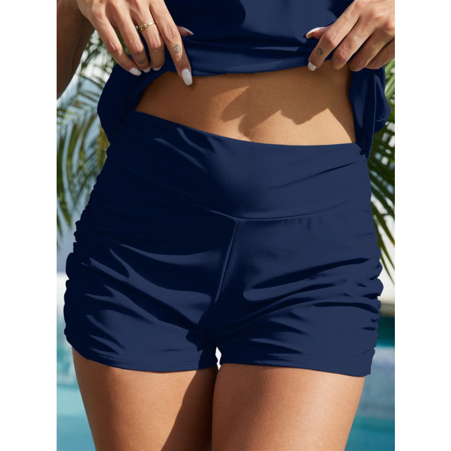 Ruched Mid - Rise Waist Swim Shorts Navy / S Apparel and Accessories