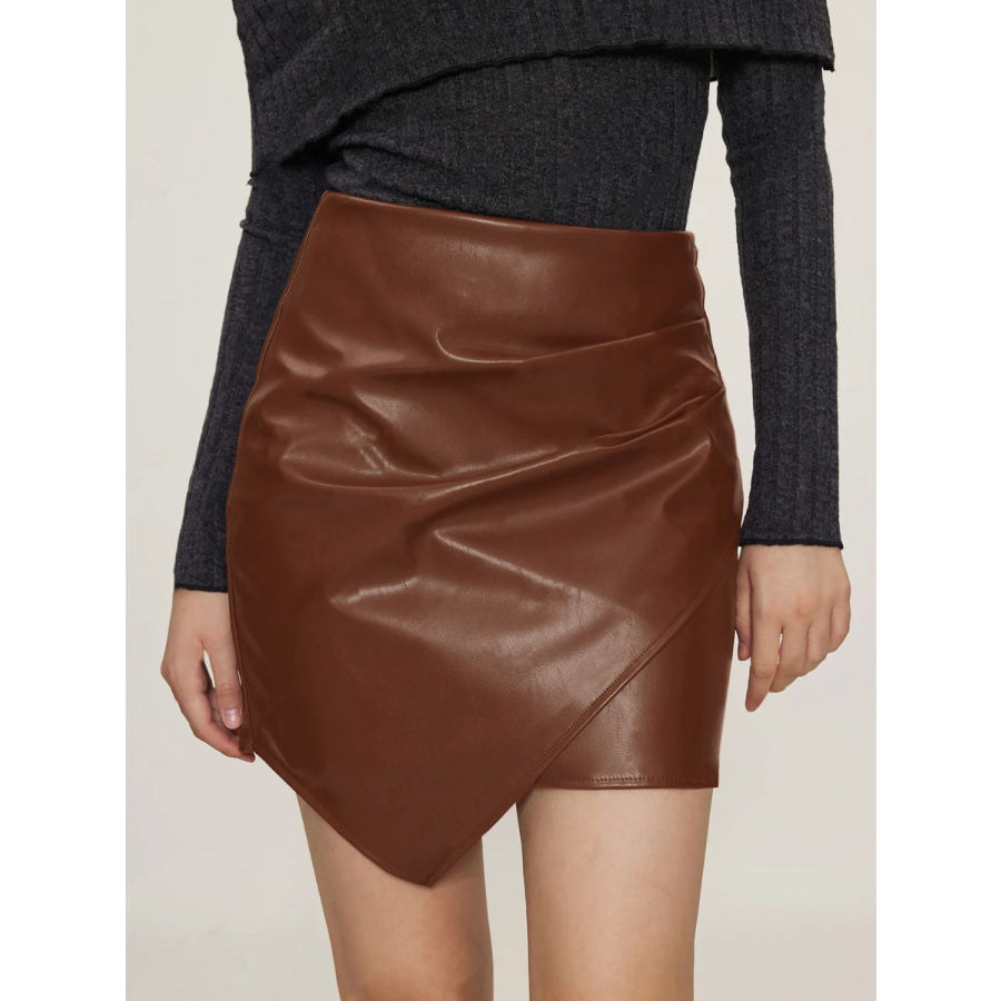 Ruched Mini Skirt with Zipper Brown / S Apparel and Accessories