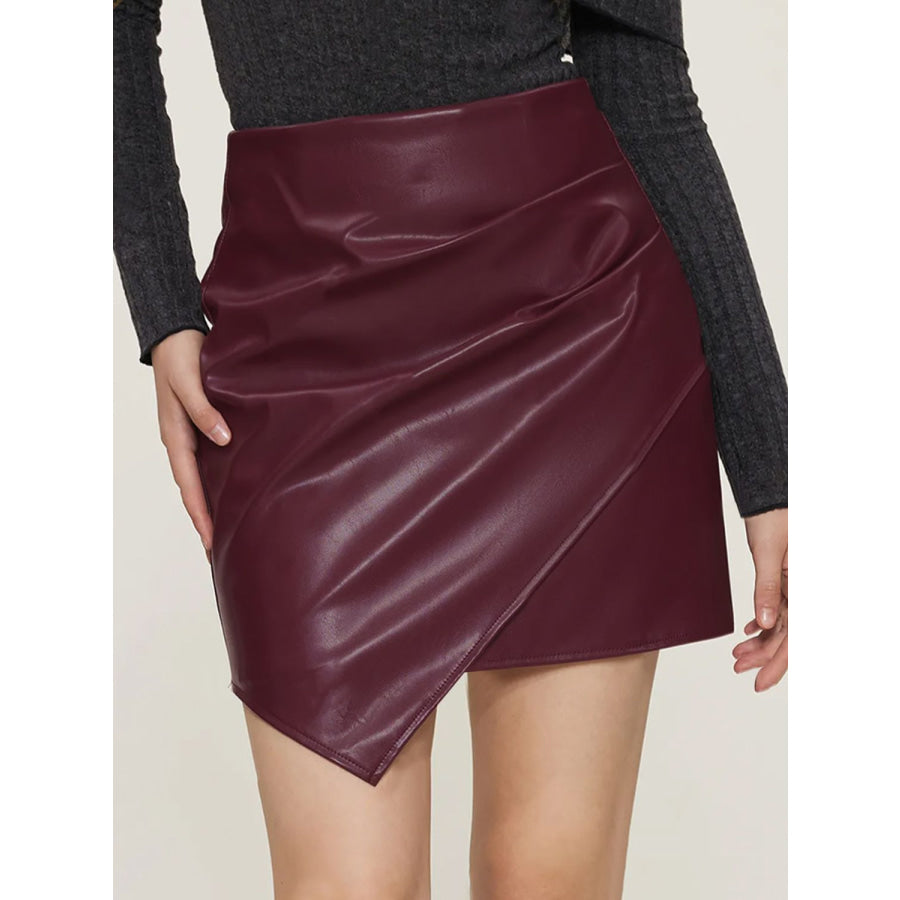 Ruched Mini Skirt with Zipper Burgundy / S Apparel and Accessories