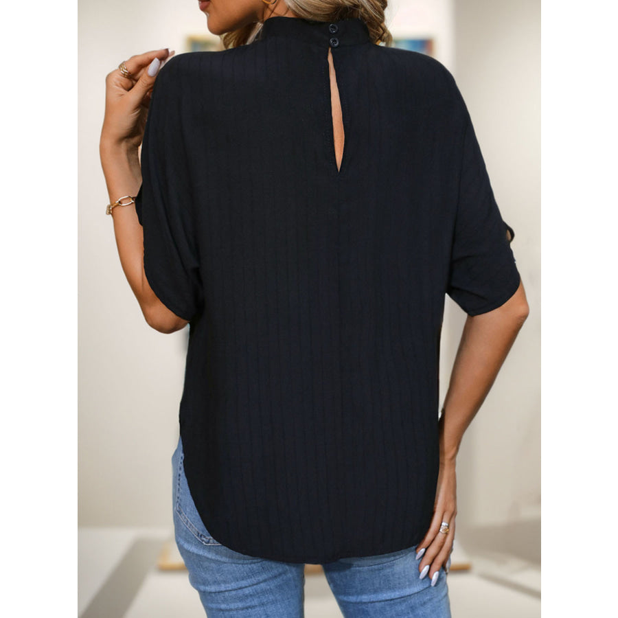 Ruched Mock Neck Half Sleeve Blouse Apparel and Accessories