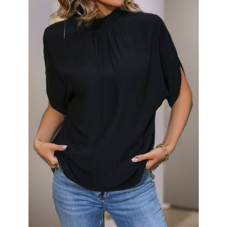 Ruched Mock Neck Half Sleeve Blouse Apparel and Accessories