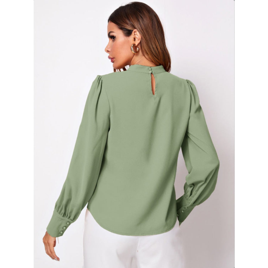 Ruched Mock Neck Long Sleeve Blouse Apparel and Accessories