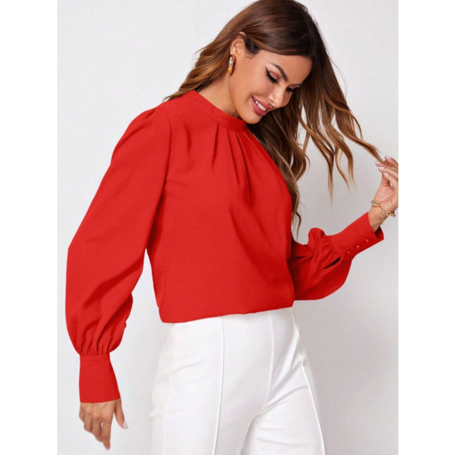 Ruched Mock Neck Long Sleeve Blouse Apparel and Accessories