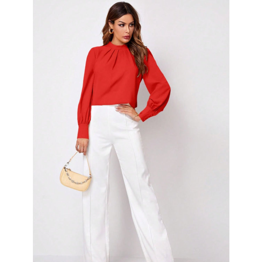 Ruched Mock Neck Long Sleeve Blouse Apparel and Accessories