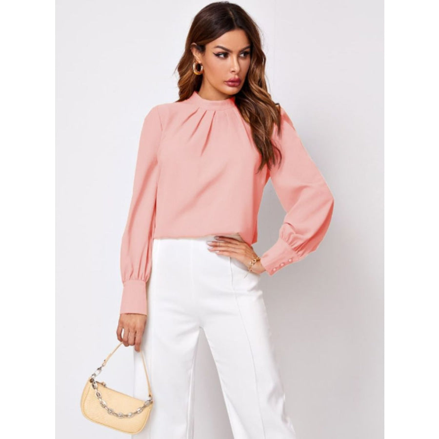 Ruched Mock Neck Long Sleeve Blouse Apparel and Accessories