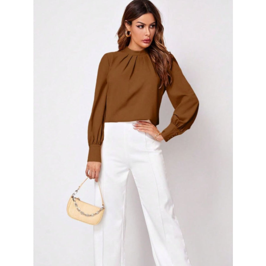 Ruched Mock Neck Long Sleeve Blouse Apparel and Accessories