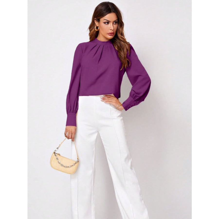 Ruched Mock Neck Long Sleeve Blouse Apparel and Accessories