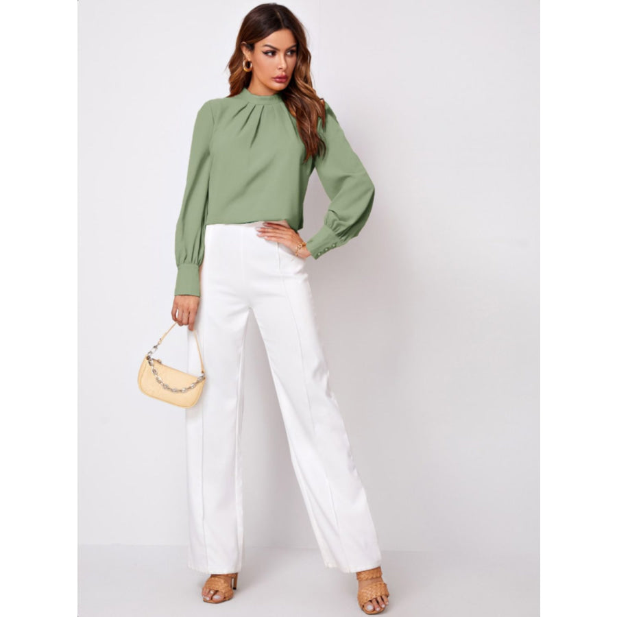 Ruched Mock Neck Long Sleeve Blouse Apparel and Accessories