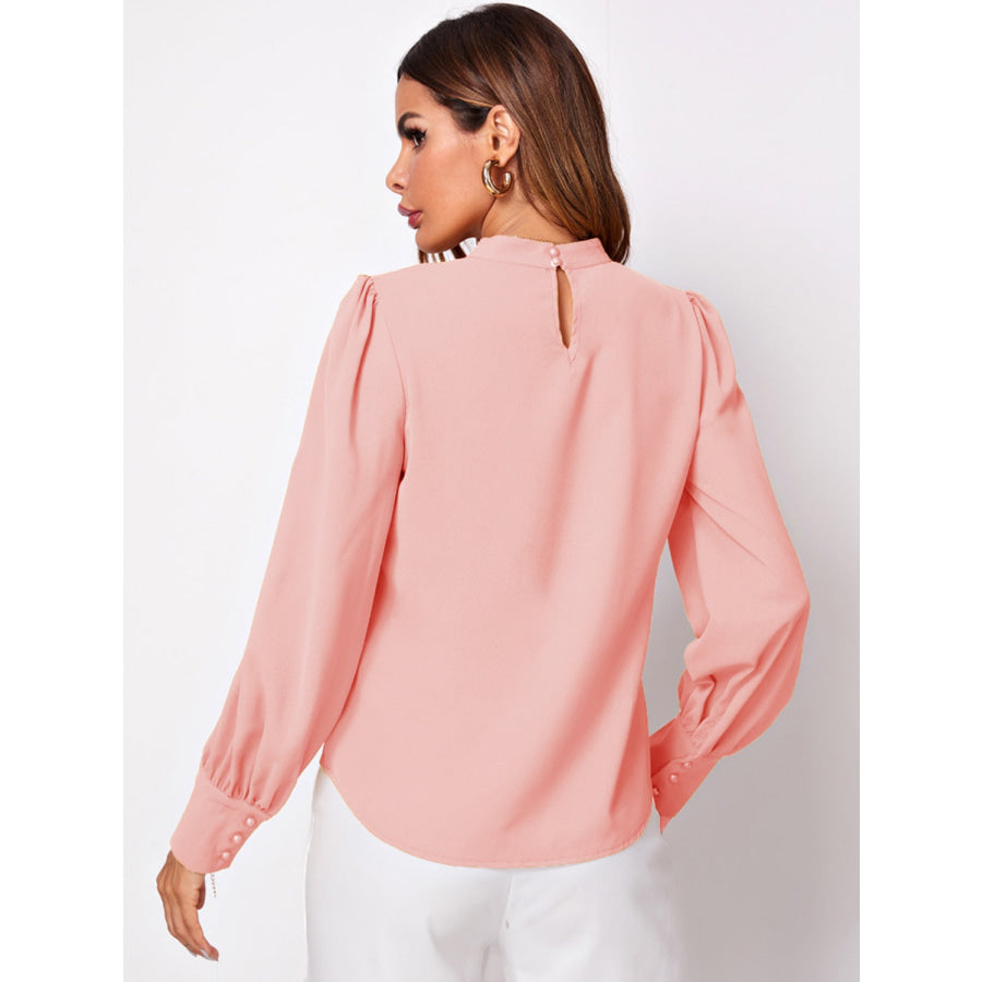 Ruched Mock Neck Long Sleeve Blouse Apparel and Accessories