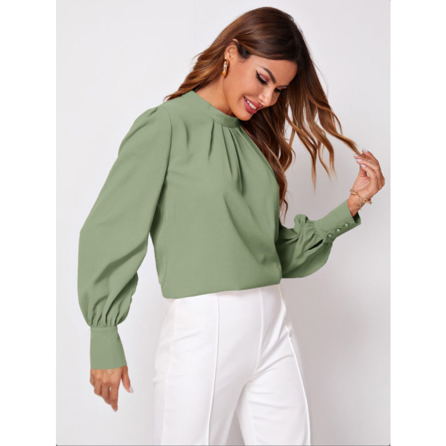 Ruched Mock Neck Long Sleeve Blouse Apparel and Accessories