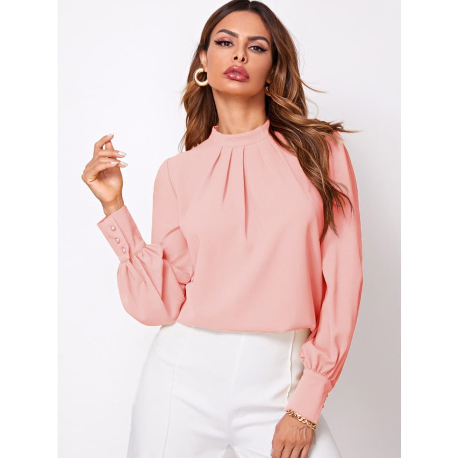 Ruched Mock Neck Long Sleeve Blouse Blush Pink / XS Apparel and Accessories