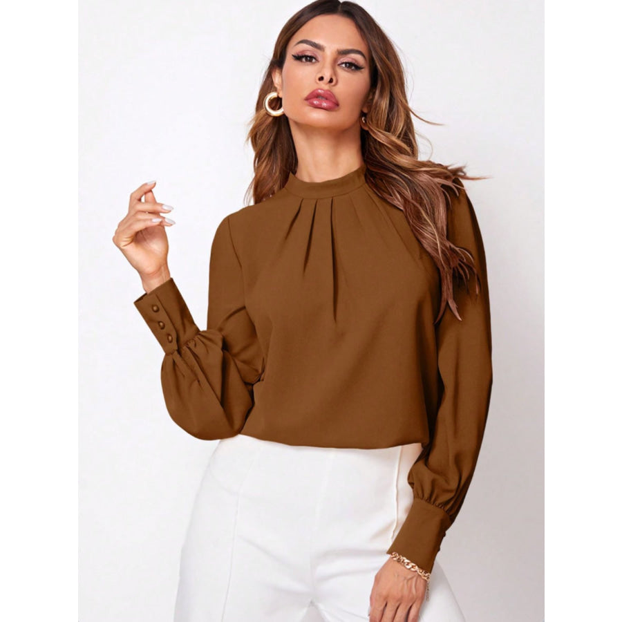 Ruched Mock Neck Long Sleeve Blouse Brown / XS Apparel and Accessories