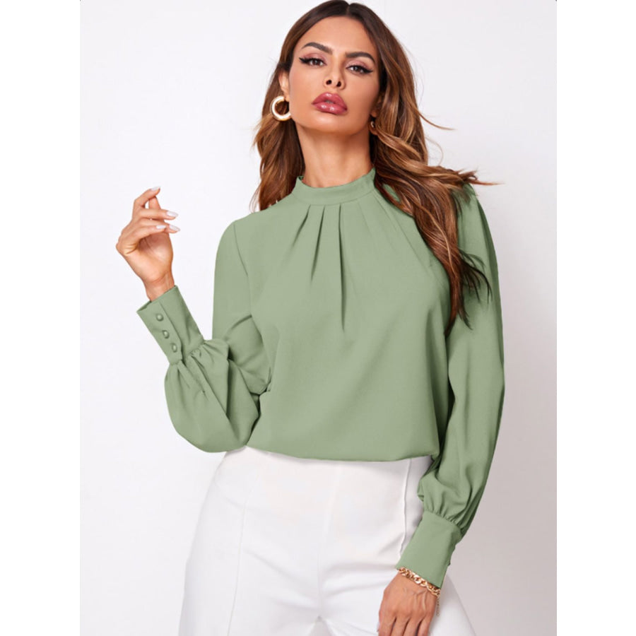 Ruched Mock Neck Long Sleeve Blouse Gum Leaf / XS Apparel and Accessories