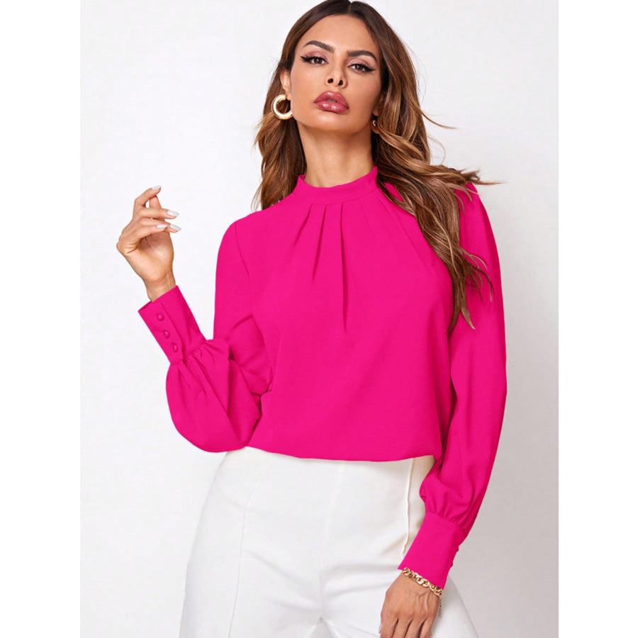 Ruched Mock Neck Long Sleeve Blouse Hot Pink / XS Apparel and Accessories