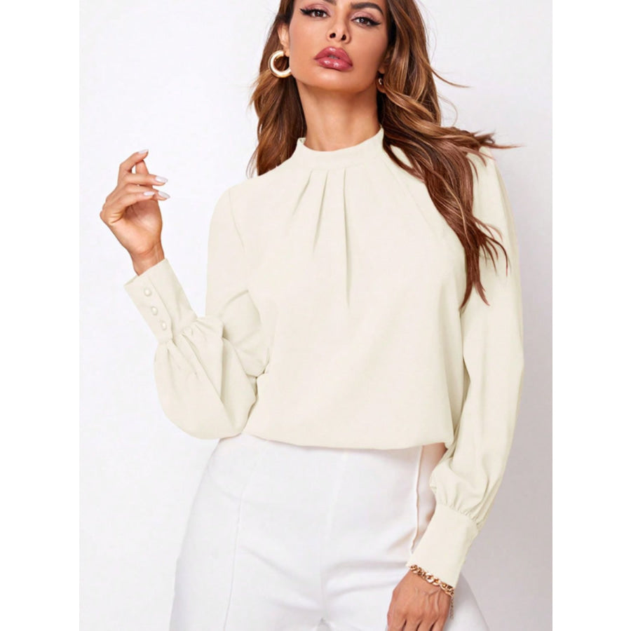 Ruched Mock Neck Long Sleeve Blouse Ivory / XS Apparel and Accessories