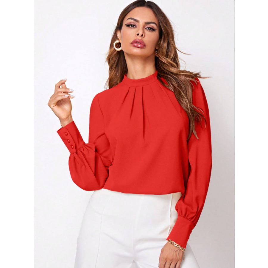 Ruched Mock Neck Long Sleeve Blouse Orange-Red / XS Apparel and Accessories