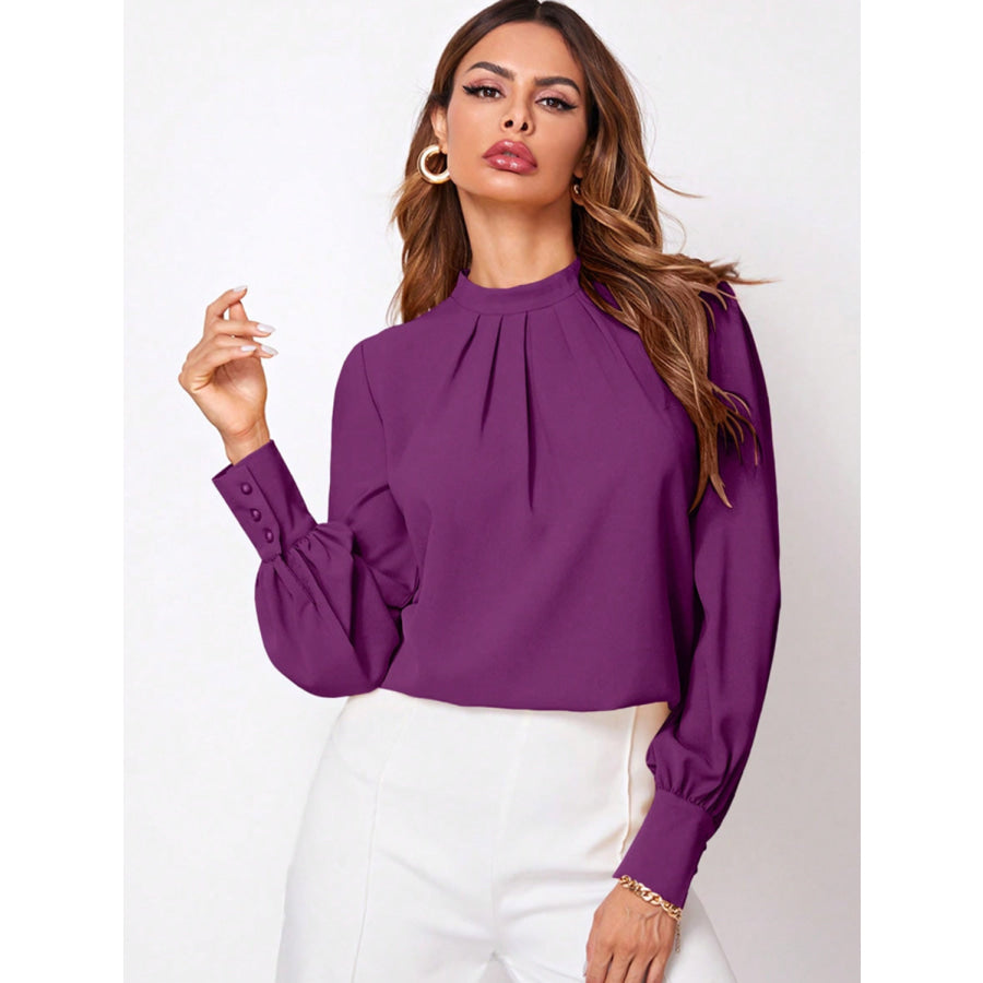 Ruched Mock Neck Long Sleeve Blouse Purple / XS Apparel and Accessories