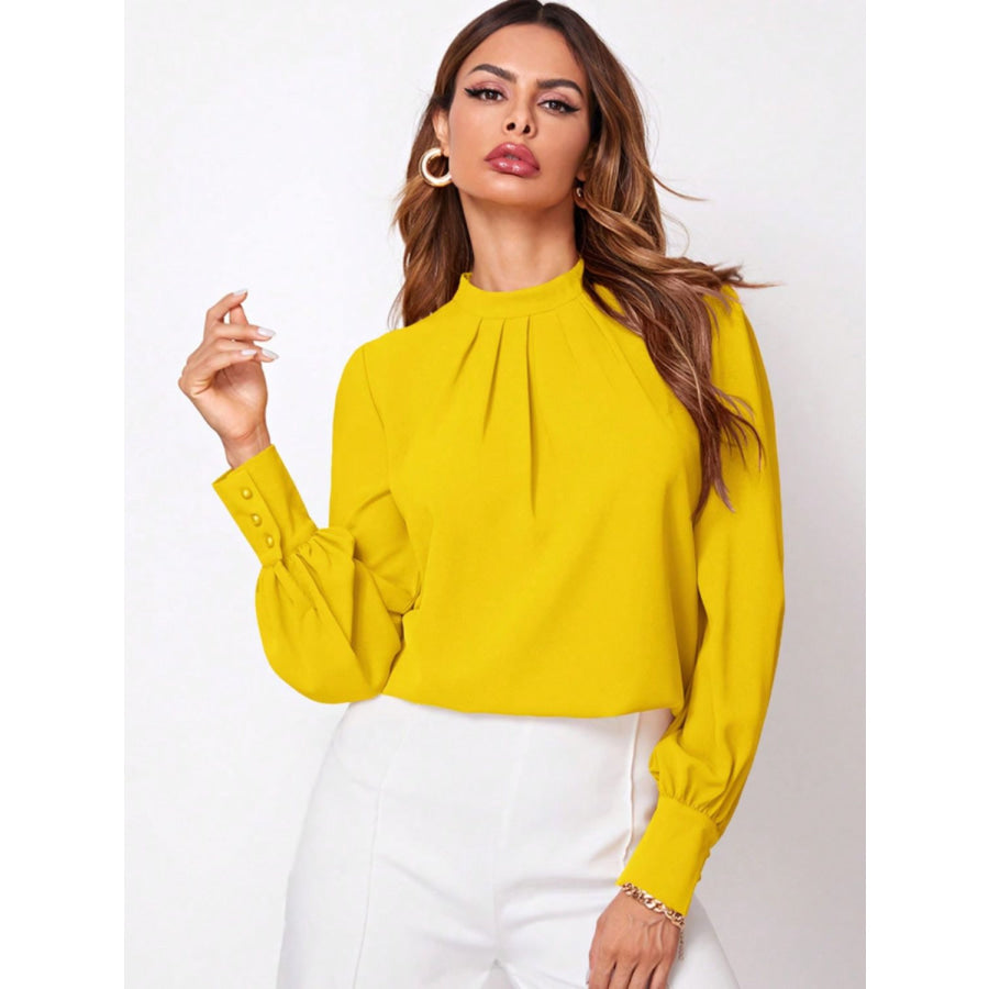 Ruched Mock Neck Long Sleeve Blouse Yellow / XS Apparel and Accessories