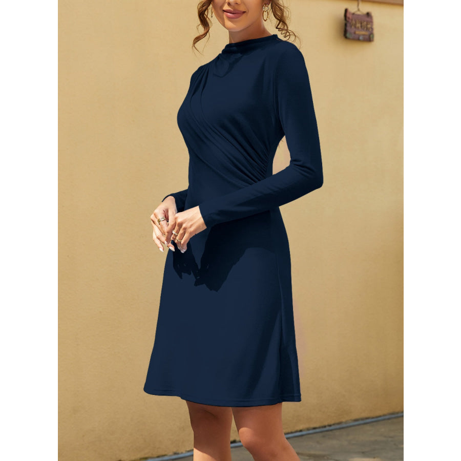 Ruched Mock Neck Long Sleeve Dress Apparel and Accessories