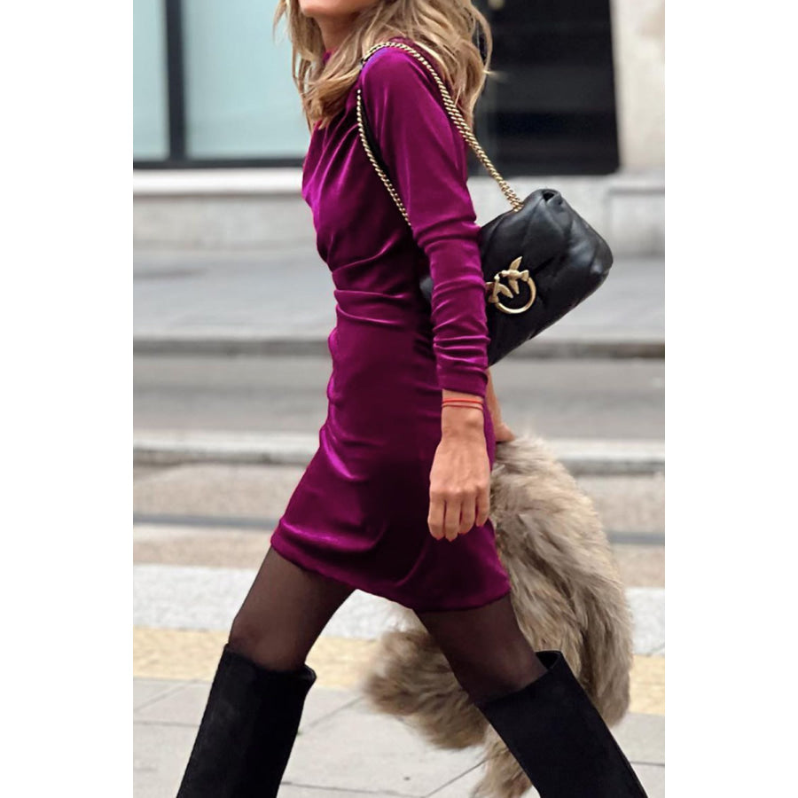 Ruched Mock Neck Long Sleeve Dress Apparel and Accessories