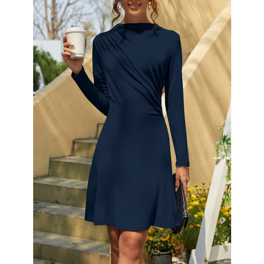 Ruched Mock Neck Long Sleeve Dress Navy / S Apparel and Accessories