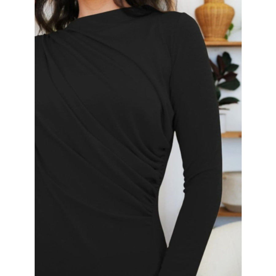 Ruched Mock Neck Long Sleeve T-Shirt Apparel and Accessories