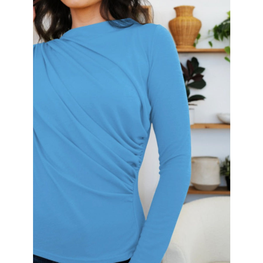 Ruched Mock Neck Long Sleeve T-Shirt Apparel and Accessories