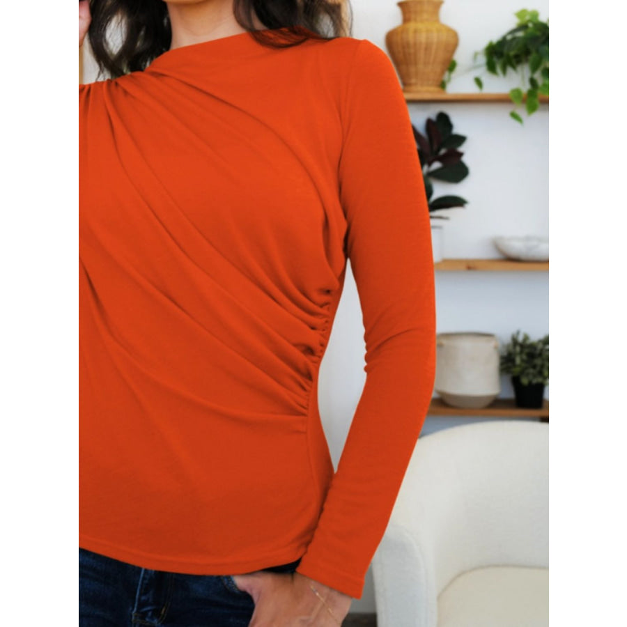 Ruched Mock Neck Long Sleeve T-Shirt Apparel and Accessories