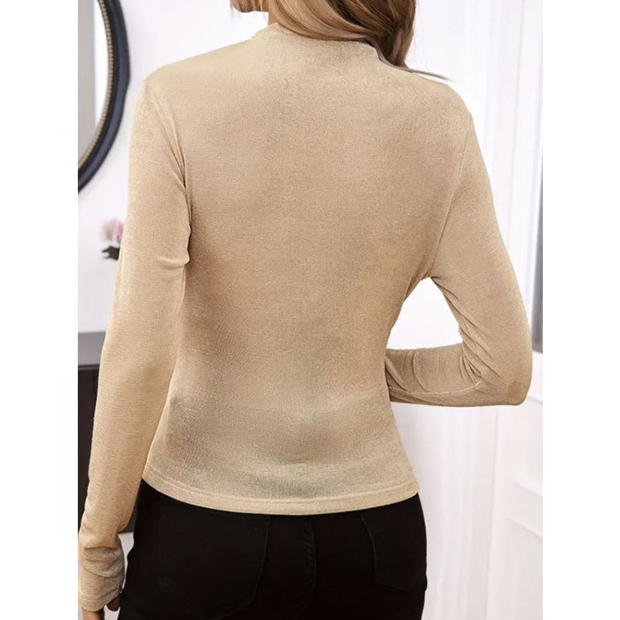 Ruched Mock Neck Long Sleeve T-Shirt Tan / S Apparel and Accessories