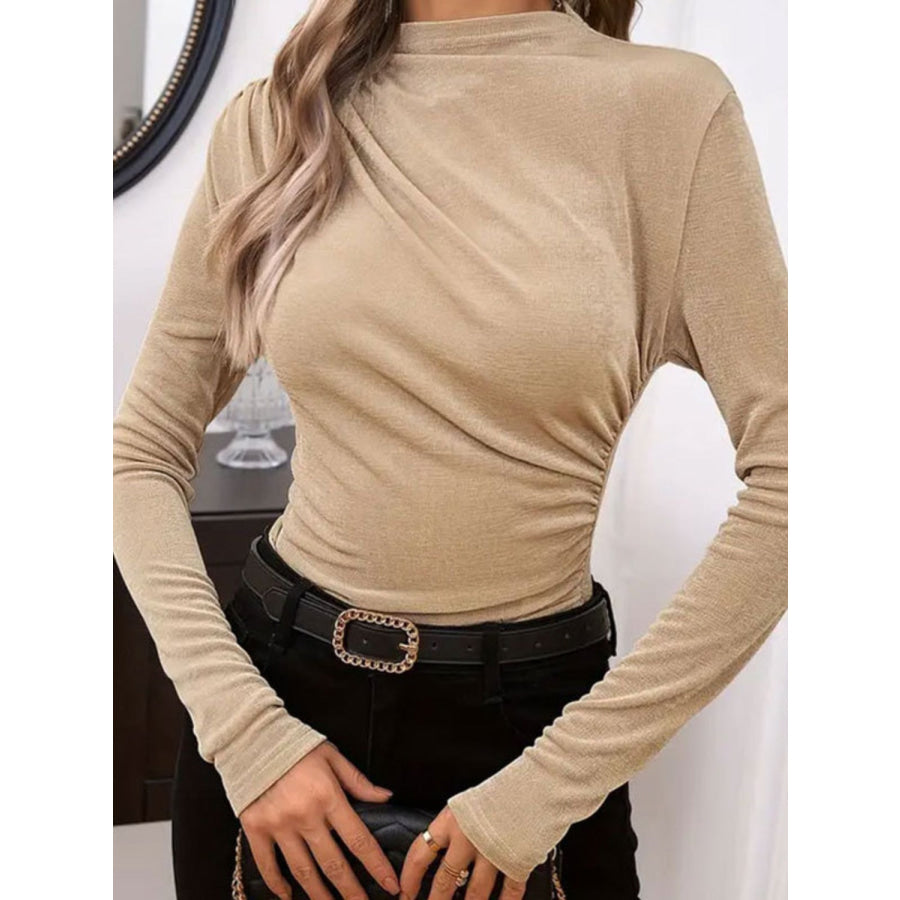 Ruched Mock Neck Long Sleeve T-Shirt Apparel and Accessories