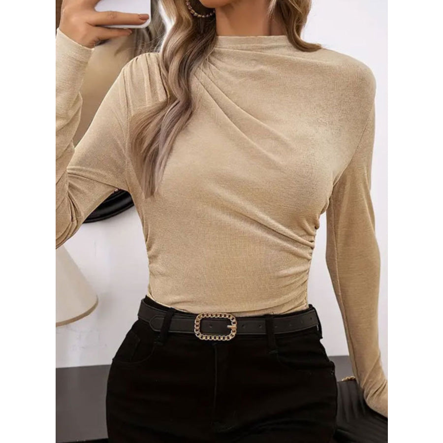 Ruched Mock Neck Long Sleeve T-Shirt Apparel and Accessories