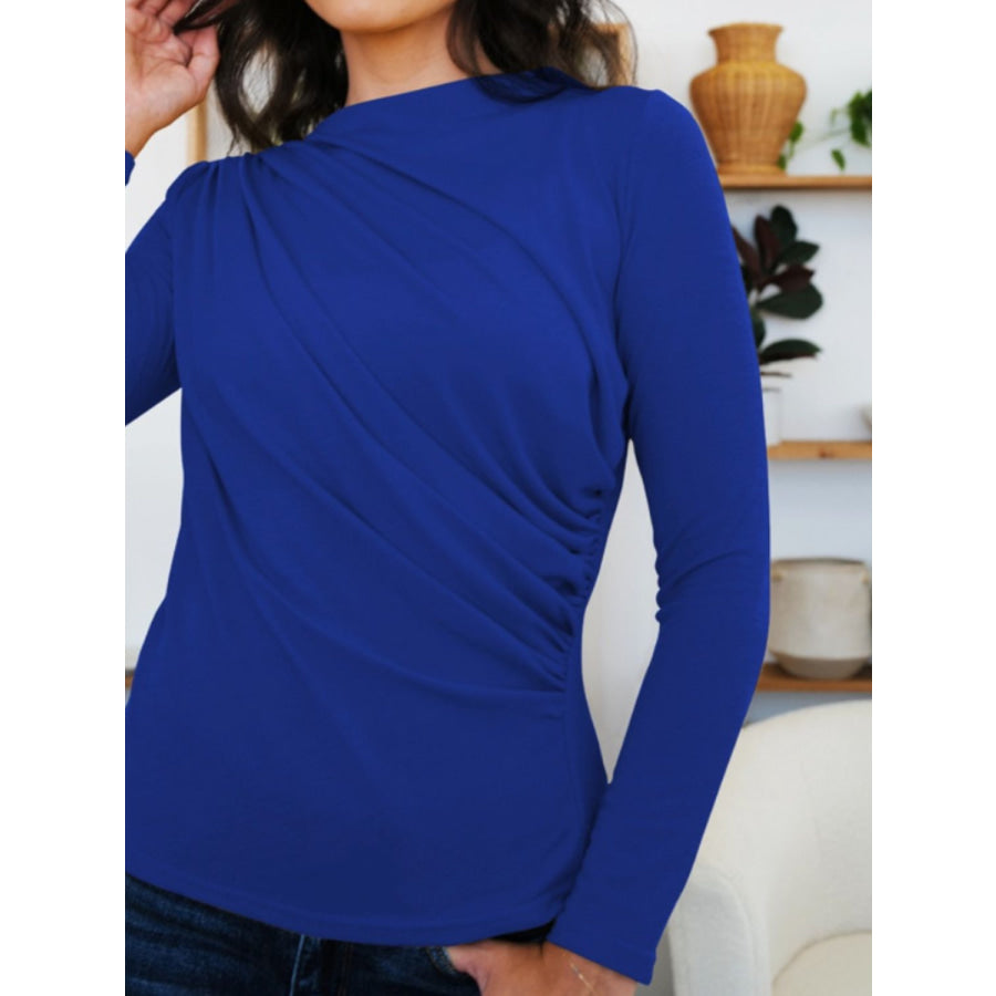 Ruched Mock Neck Long Sleeve T-Shirt Apparel and Accessories