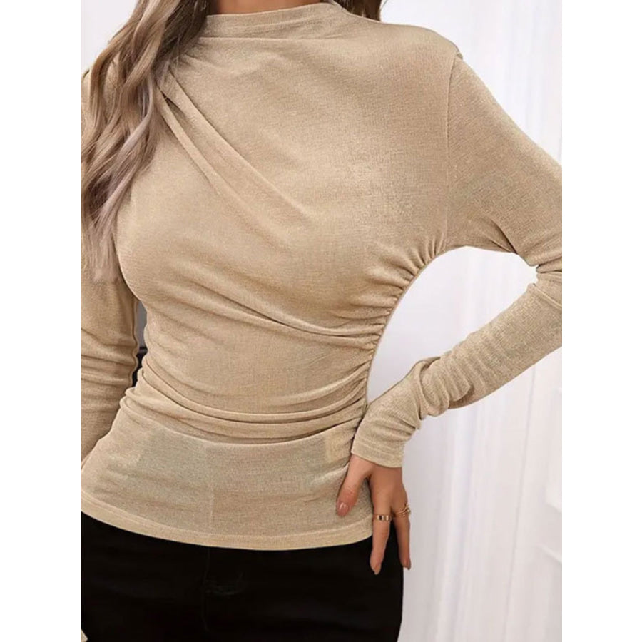 Ruched Mock Neck Long Sleeve T-Shirt Apparel and Accessories