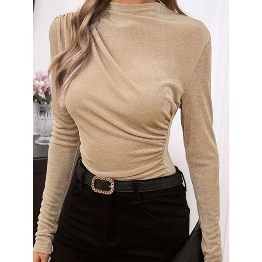 Ruched Mock Neck Long Sleeve T-Shirt Apparel and Accessories