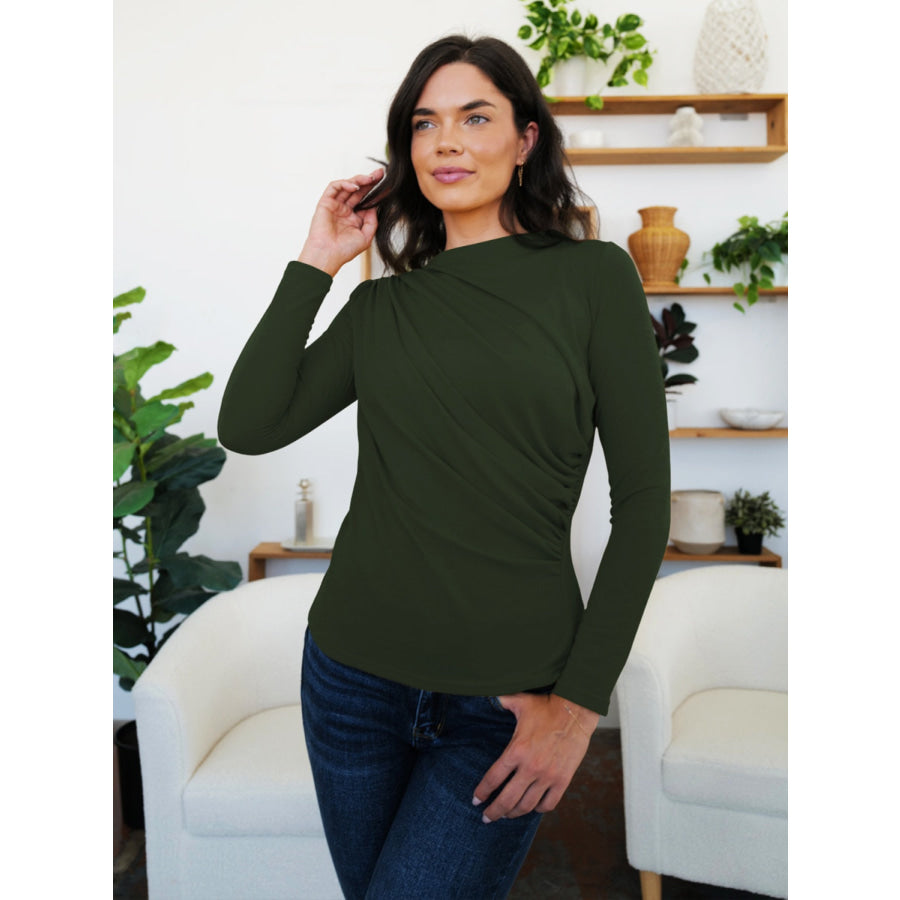 Ruched Mock Neck Long Sleeve T-Shirt Army Green / S Apparel and Accessories