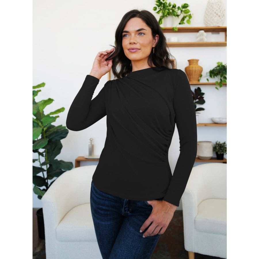 Ruched Mock Neck Long Sleeve T-Shirt Black / S Apparel and Accessories