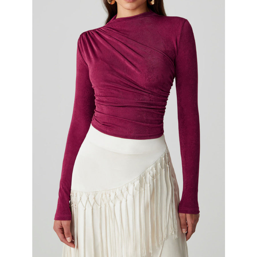 Ruched Mock Neck Long Sleeve T-Shirt Cerise / S Apparel and Accessories