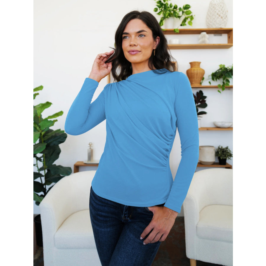 Ruched Mock Neck Long Sleeve T-Shirt Cerulean / S Apparel and Accessories