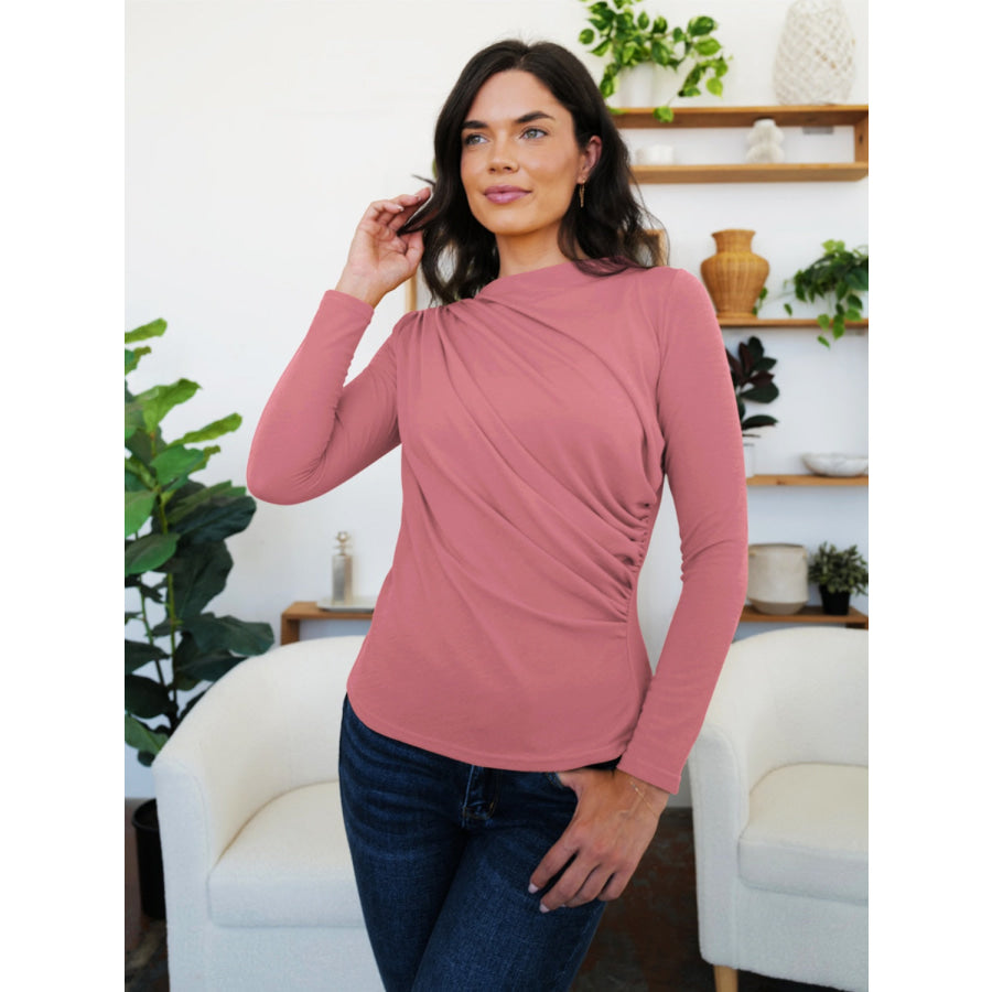 Ruched Mock Neck Long Sleeve T-Shirt Dusty Pink / S Apparel and Accessories