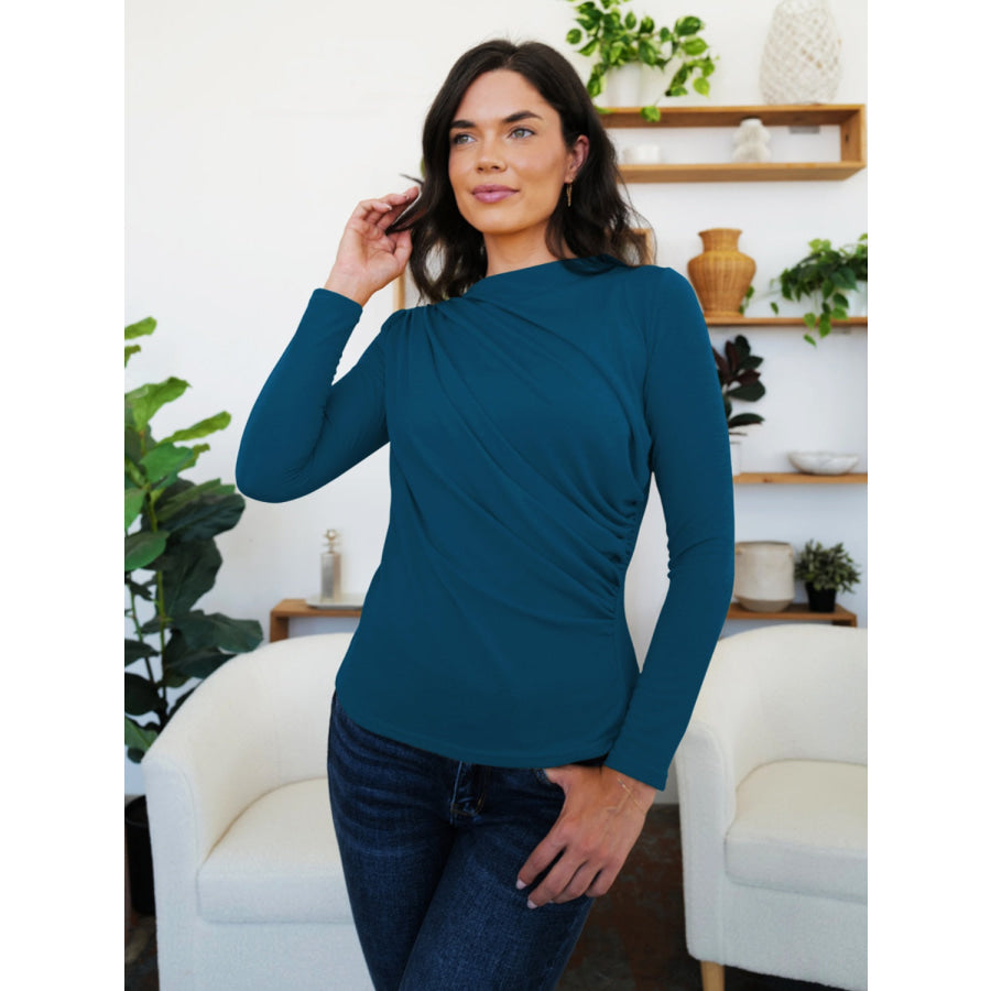 Ruched Mock Neck Long Sleeve T-Shirt French Blue / S Apparel and Accessories